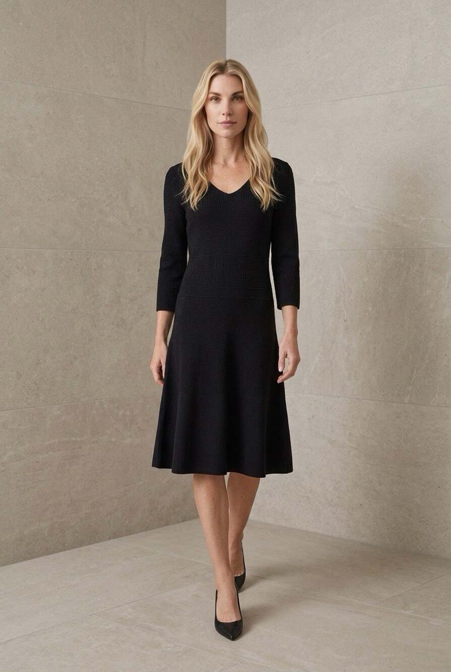 NWT Talbots Sweater Dress Sz Small Black Textured Knit 3/4 Sleeve V-neck